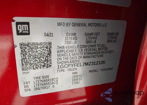 2021 Chevrolet Silverado 1500 4Wd Short Bed Lt Trail Boss z USA, uszkodzony, nr VIN 1GCPYFEL7MZ312105